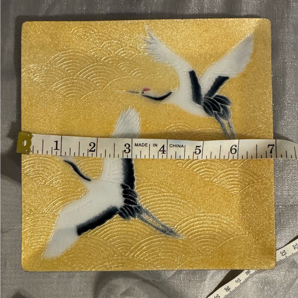Tutanka Enamel Cloisonne Crane Pattern Tray Gold Background With Stand - Picture 4 of 4